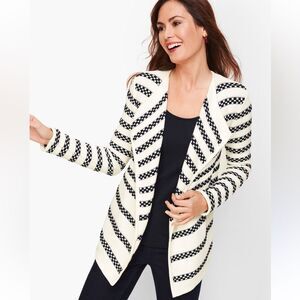 TALBOTS L White Black Lumpy Checkered Stripes Cotton Knit Open Front Cardigan